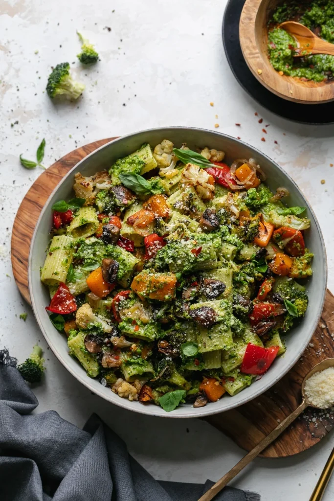 This image has an empty alt attribute; its file name is Roasted-Veggie-Pasta-with-Broccoli-Pesto-6_2-683x1024.webp